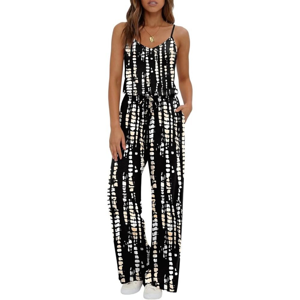 Women's Black White Tie Dye Summer Dressy Sleeveless Long Pant Romper Jumpsuit